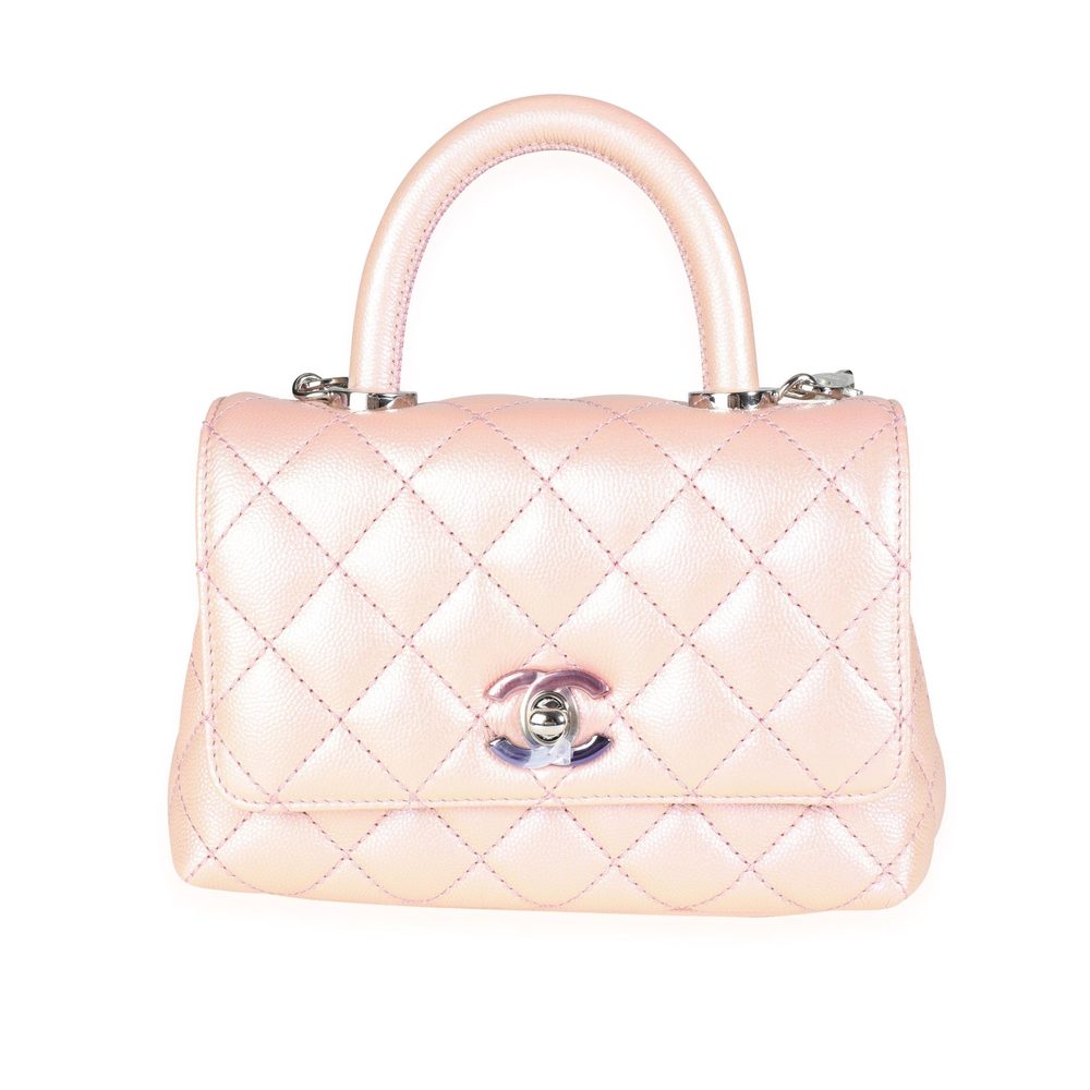 Chanel Iridescent Pink Quilted Caviar Coco Top Handle Mini Flap Bag